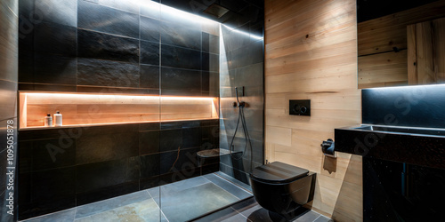 Contemporary bathroom interior with black marble wall, wooden accent, and recessed lighting, a sleek glass shower enclosure. Luxury interior design. Modern home bathroom concept photo