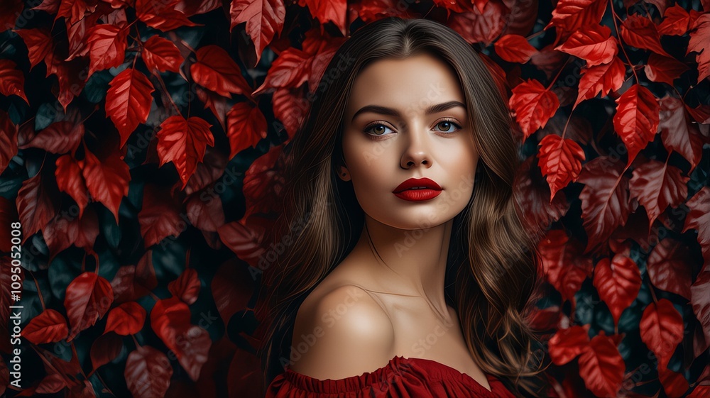 Close-up portrait of a woman with bold red lipstick, set against a vibrant backdrop of autumn red leaves. Close-up portrait of a woman with bold red lipstick, set against a vibrant backdrop of autumn red leaves.