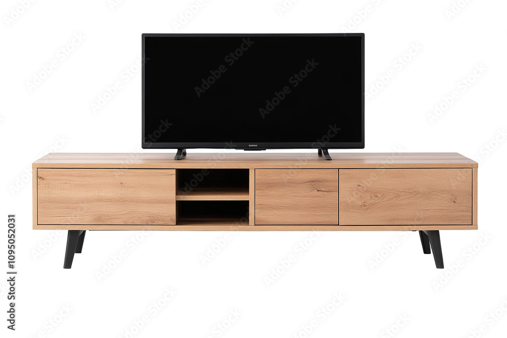 A wooden entertainment center with a black flat screen television on top. on transparent background. A wooden entertainment center with a black flat screen television on top. on transparent background.