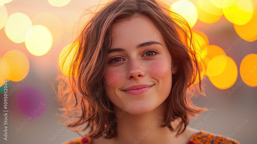 A smiling young woman with shoulder-length hair stands against a colorful bokeh background, radiating warmth and positivity. A smiling young woman with shoulder-length hair stands against a colorful bokeh background, radiating warmth and positivity.
