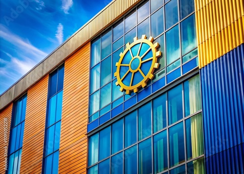 Modern Architectural Photography Featuring a Unique Rotary Logo on a Building Facade with Clear Sky and Urban Surroundings, Ideal for Branding and Design Concepts