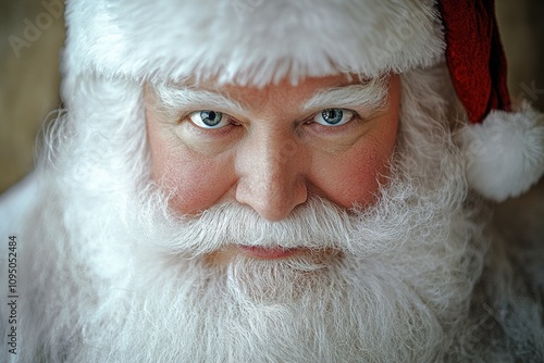 A close-up view of someone wearing a festive Santa hat, perfect for holiday-themed projects photo