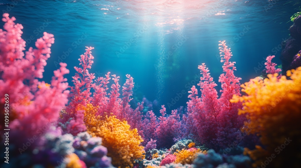 Naklejka premium Dark blue underwater background. Calm underwater scene with coral reefs.