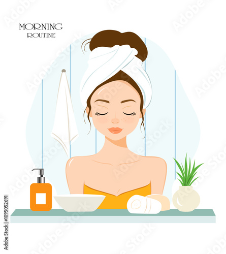 Beautiful young woman with towel on her head making her morning routing in bathroom. Morning rituals illustration