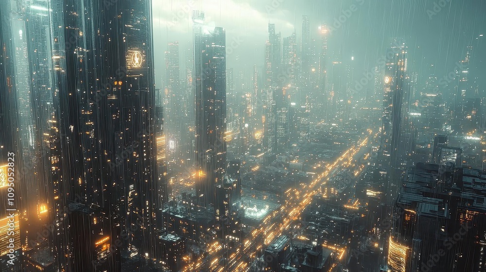 Futuristic Cityscape with Rain and Neon Lights, A Digital Art Vision of the Future Futuristic Cityscape with Rain and Neon Lights, A Digital Art Vision of the Future