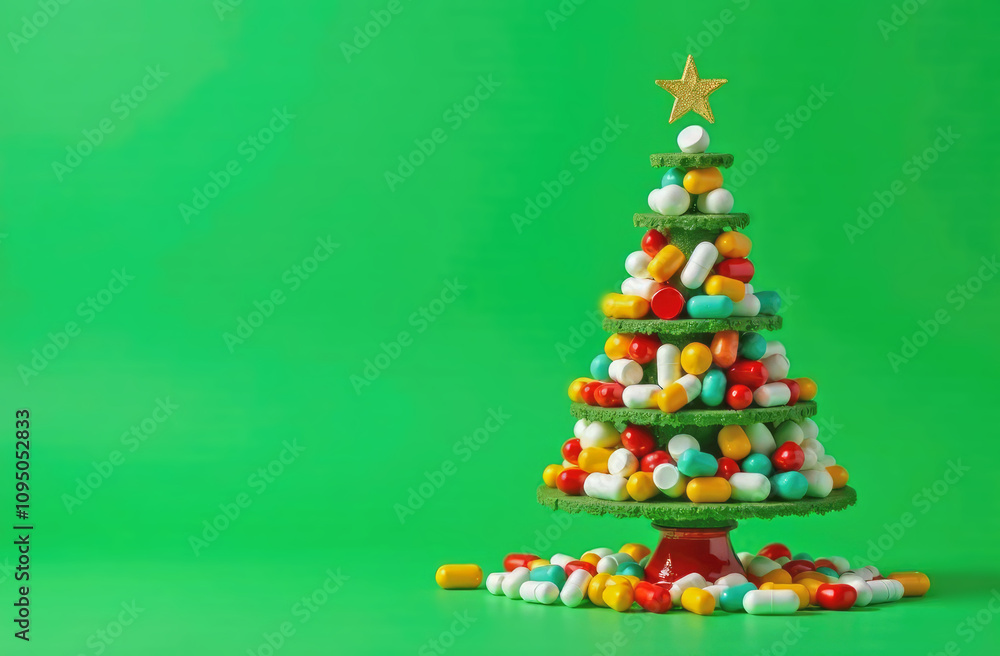 Christmas tree created from medicine colorful pills set on wooden table on green background with color bokeh. Christmas greeting card. Copy space. Christmas tree created from medicine colorful pills set on wooden table on green background with color bokeh. Christmas greeting card. Copy space.