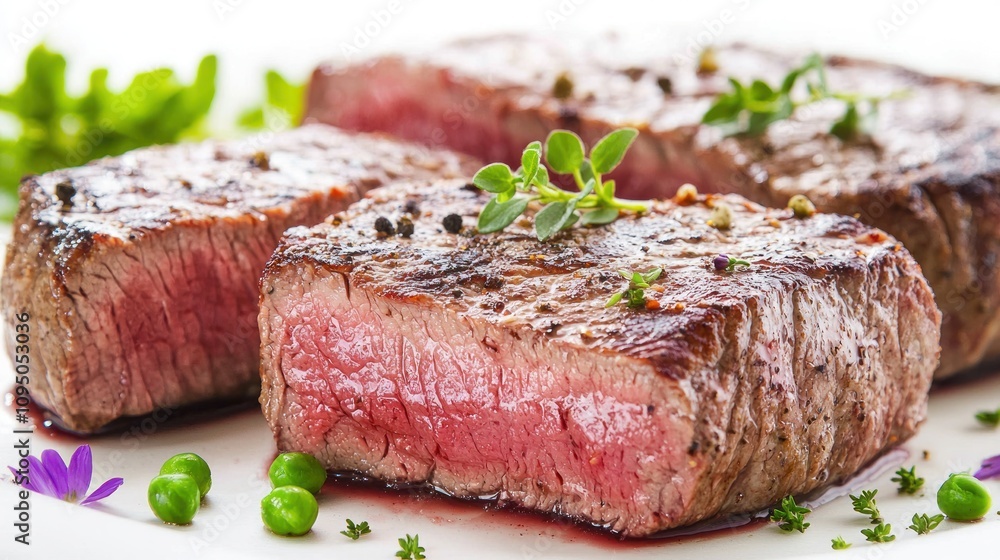 Juicy, perfectly cooked steaks garnished with herbs, showcasing a delicious pink center and grilled exterior, served on a white plate. Juicy, perfectly cooked steaks garnished with herbs, showcasing a delicious pink center and grilled exterior, served on a white plate.