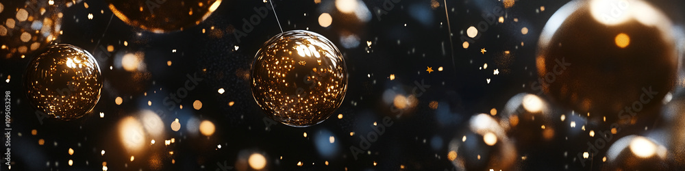 Obraz premium Christmas celebration banner with golden balloons and golden christmas balls luxury banner with copy space for text festive scene new year party decorations