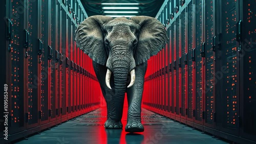 An elephant confidently walks through a corridor of glowing red server racks, blending the unexpected worlds of nature and technology.