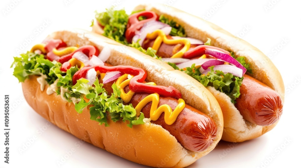 Two delicious hot dogs topped with fresh lettuce, tomatoes, onions, mustard, and ketchup, served in soft buns. Two delicious hot dogs topped with fresh lettuce, tomatoes, onions, mustard, and ketchup, served in soft buns.