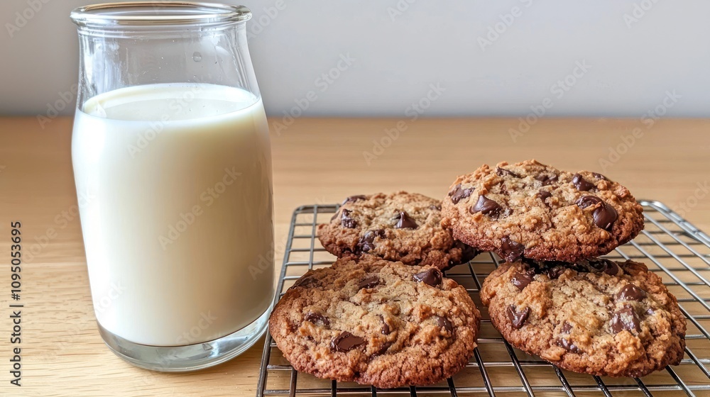 A glass of milk beside freshly baked chocolate chip cookies on a cooling rack, creating a classic comfort food scene. A glass of milk beside freshly baked chocolate chip cookies on a cooling rack, creating a classic comfort food scene.