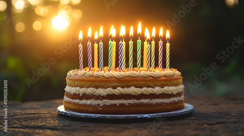 Delicious two-layered cake with thirteen lit candles, outdoors at sunset.