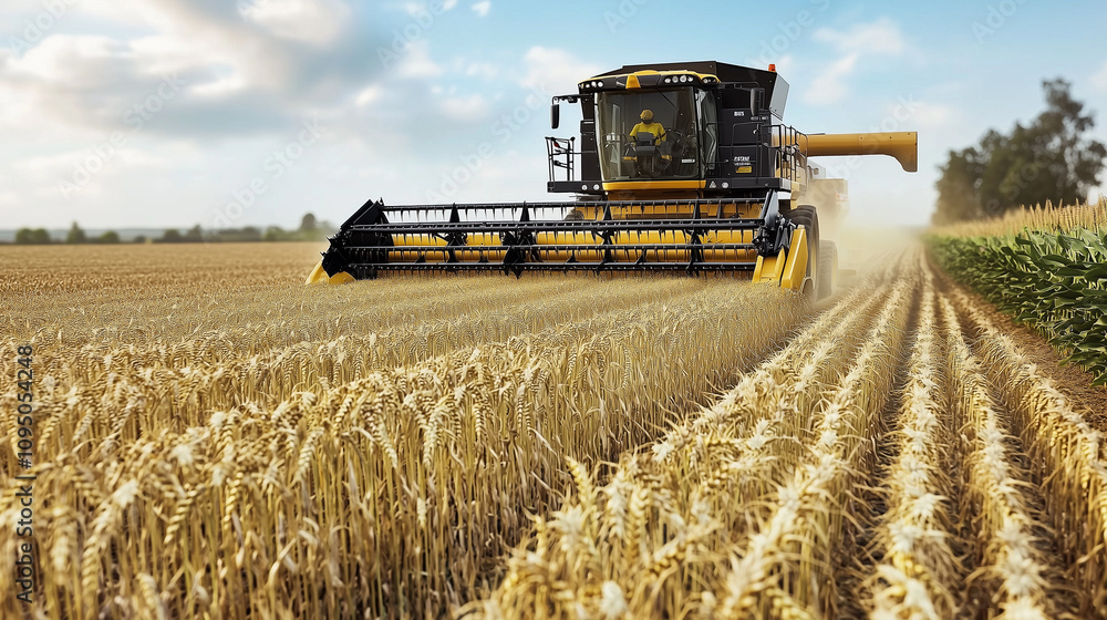 Fototapeta premium Modern Combine Harvester in a Golden Wheat Field