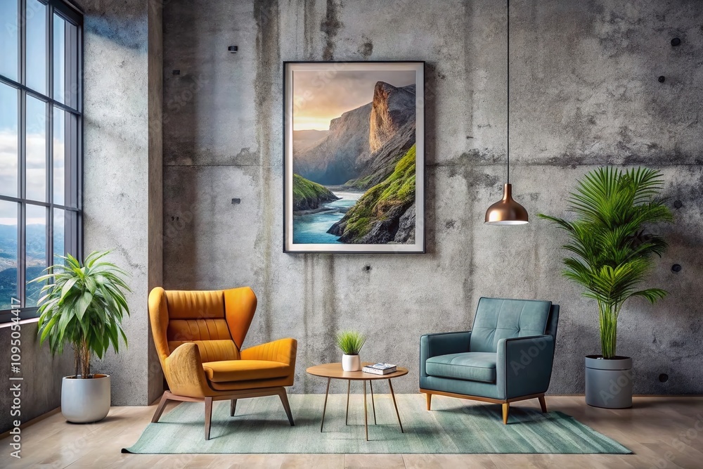 Fototapeta premium Modern Living Room Interior with Vertical Frame and Cozy Armchair Against a Textured Concrete Wall, Showcasing Contemporary Design and Minimalist Aesthetics for Stylish Home Decor