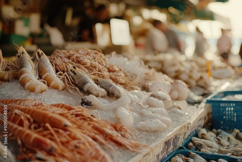 Fresh seafood on display at a bustling market photo