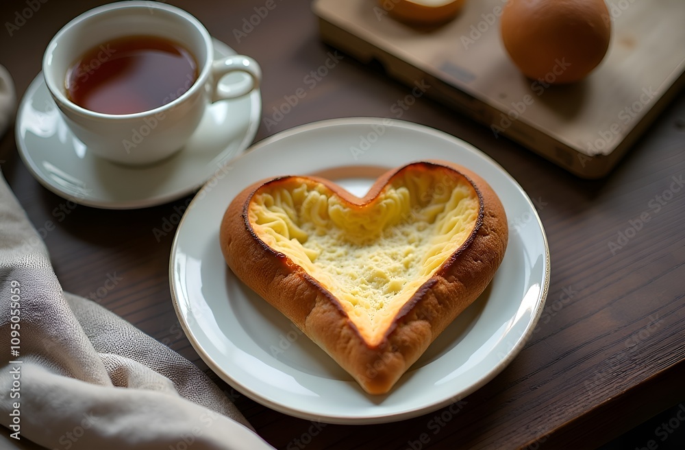 Beautiful heart-shaped dish with cream filling, next to it a cup of tea and eggs on a wooden table. Ideal for breakfast, romantic treat. Valentine's Day holiday concept. Beautiful heart-shaped dish with cream filling, next to it a cup of tea and eggs on a wooden table. Ideal for breakfast, romantic treat. Valentine's Day holiday concept.