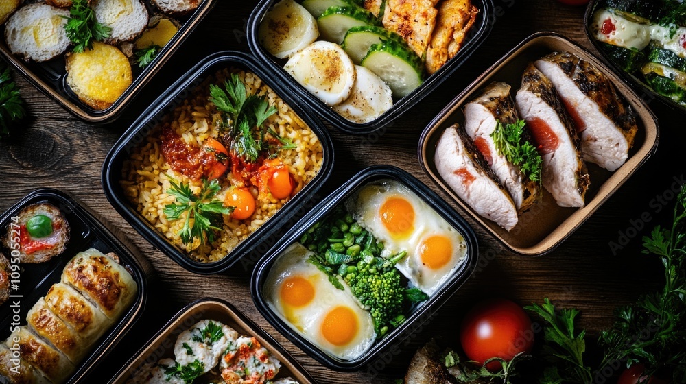 Containers filled with various foods on a table Containers filled with various foods on a table
