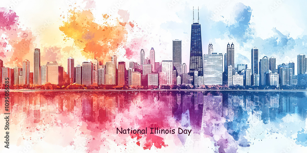 Obraz premium Colorful watercolor skyline of Chicago with lake reflection celebrating National Illinois Day.