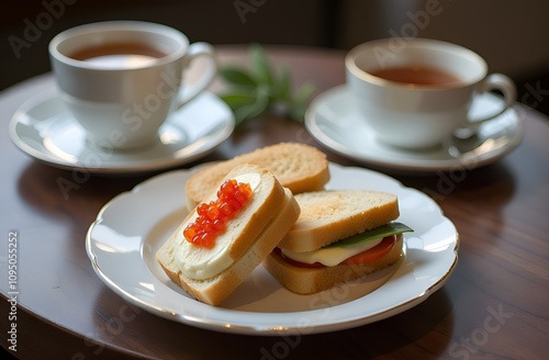 breakfast: sandwiches with red caviar and butter on a white plate. Two cups of tea nearby