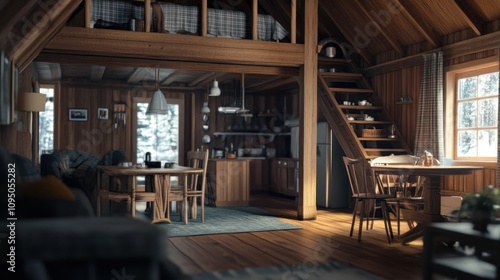 A Cozy Wooden Cabin Interior with a View of a Snowy Forest