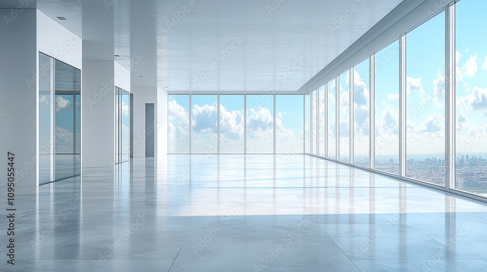 Modern open space with large windows showcasing a city view on a clear day Modern open space with large windows showcasing a city view on a clear day