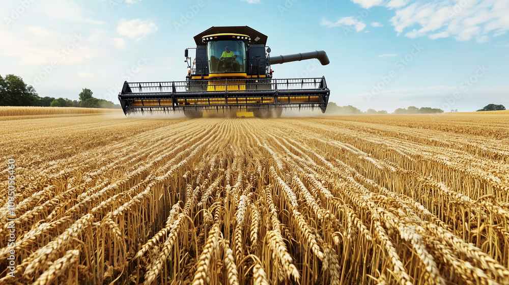 Fototapeta premium Modern Combine Harvester in a Golden Wheat Field