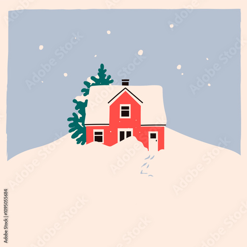 Red House in snow and trees. Scandinavian style home. Hand drawn trendy Vector illustration. Isolated design element. Building, sweet home, real estate, greeting card, winter, christmas concept