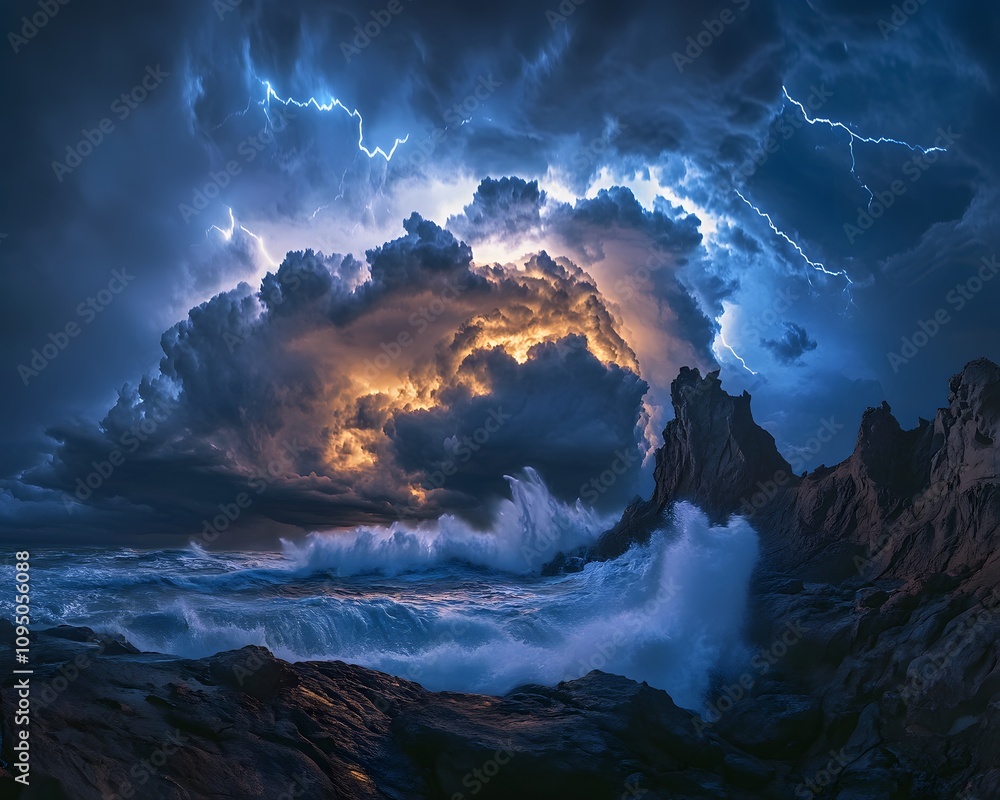 Dramatic lightning storm over a raging ocean. Dramatic lightning storm over a raging ocean.