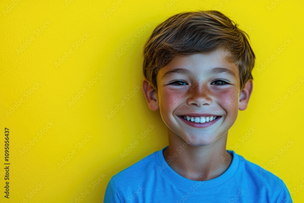 A happy child smiling at the camera, standing in front of a bright yellow wall A happy child smiling at the camera, standing in front of a bright yellow wall