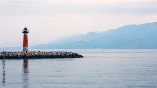 Solitary Lighthouse on Rocky Outcrop, Serene Coastal Landscape