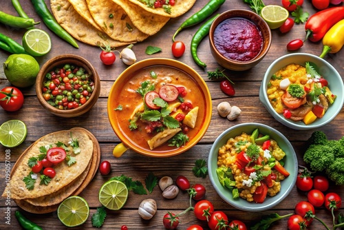 Wallpaper Mural Mouthwatering Mexican Cuisine: A Bowl of Flavorful Soup Surrounded by Tacos, Fresh Ingredients, and Garnishes for a Vibrant Culinary Experience Torontodigital.ca