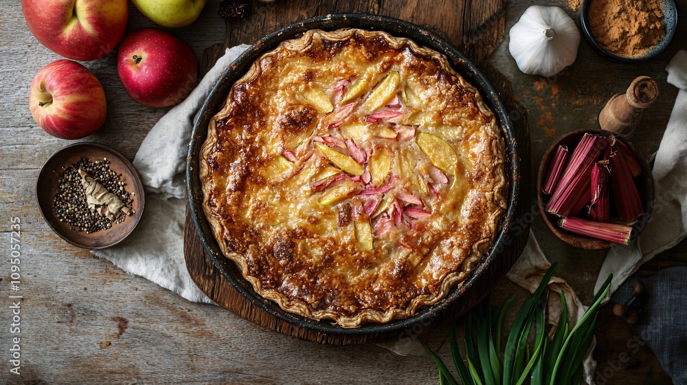 Rhubarb and apple pie styled on a rustic wooden table, surrounded by fresh fruit and spices Rhubarb and apple pie styled on a rustic wooden table, surrounded by fresh fruit and spices