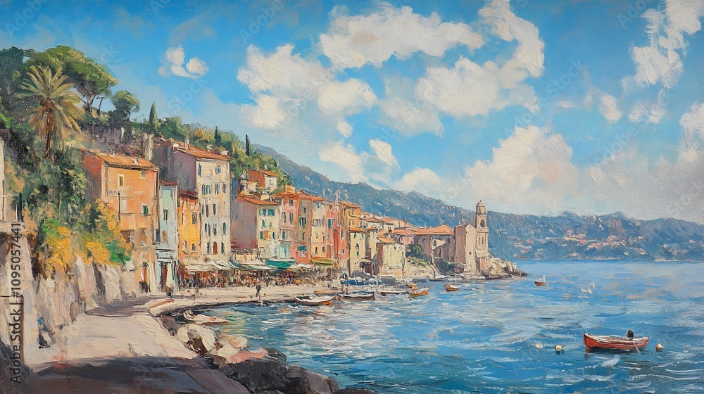 Fototapeta premium A picturesque coastal town with colorful buildings, a bustling harbor, and a calm sea.