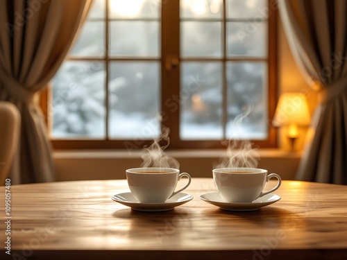 Two cups of steaming hot tea on a wooden table in the background of a cozy room by a window overlooking a snowy landscape   