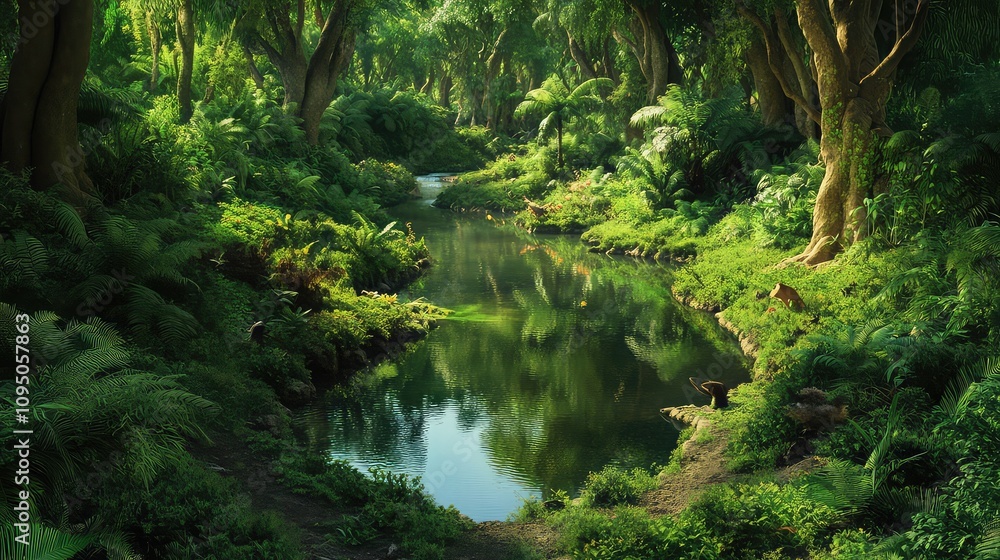 A lush forest teeming with biodiversity, where a stream winds through the dense vegetation, reflecting the rich greenery around it. Birds and small animals can be seen. A lush forest teeming with biodiversity, where a stream winds through the dense vegetation, reflecting the rich greenery around it. Birds and small animals can be seen.