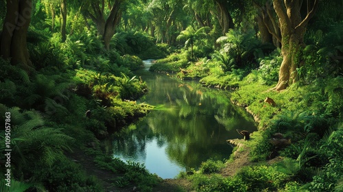 A lush forest teeming with biodiversity, where a stream winds through the dense vegetation, reflecting the rich greenery around it. Birds and small animals can be seen.
