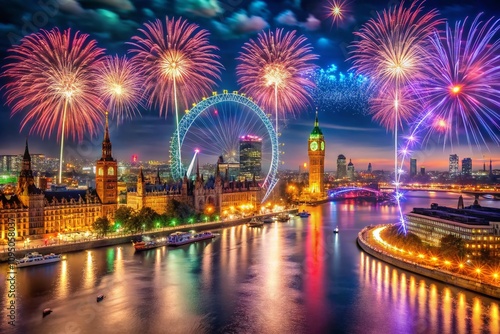 Wallpaper Mural New Year Celebration Over London: A Stunning Night View of Fireworks Display and City Skyline Welcoming the New Year with Joy and Festivity in the Heart of the UK Torontodigital.ca
