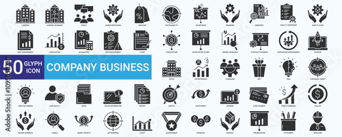 Company business icon set with human resources, advertising, branding, quality, forecasting, accounting, market research, entrepreneur, teamwork and investment