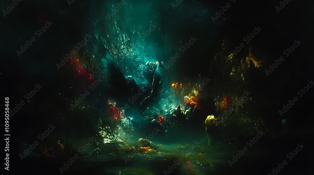 Abstract Artistic Depiction of a Celestial Landscape with a Silhouetted Figure Abstract Artistic Depiction of a Celestial Landscape with a Silhouetted Figure