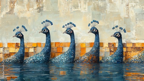 Four peafowl wading in shallow water, aligned in a row against a textured background. photo