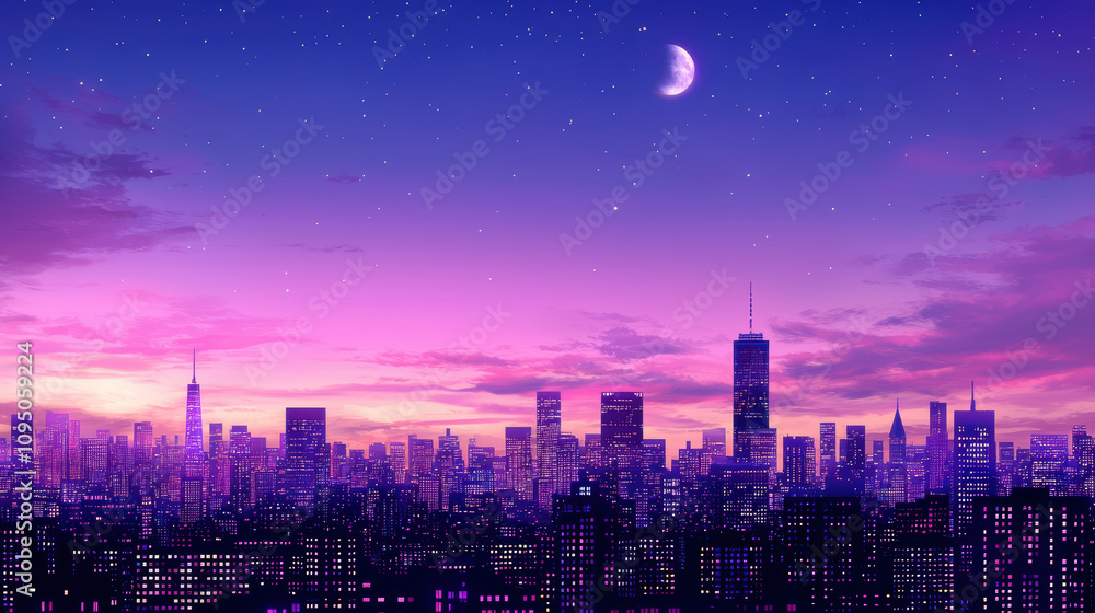 Obraz premium Design a panoramic cityscape at twilight, Stunning city skyline under a twilight sky with vibrant purple hues and a crescent moon lighting up modern architecture.