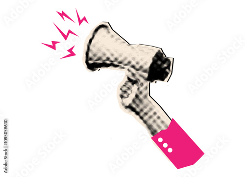 Halftone loudspeaker in hand,trendy collage design element