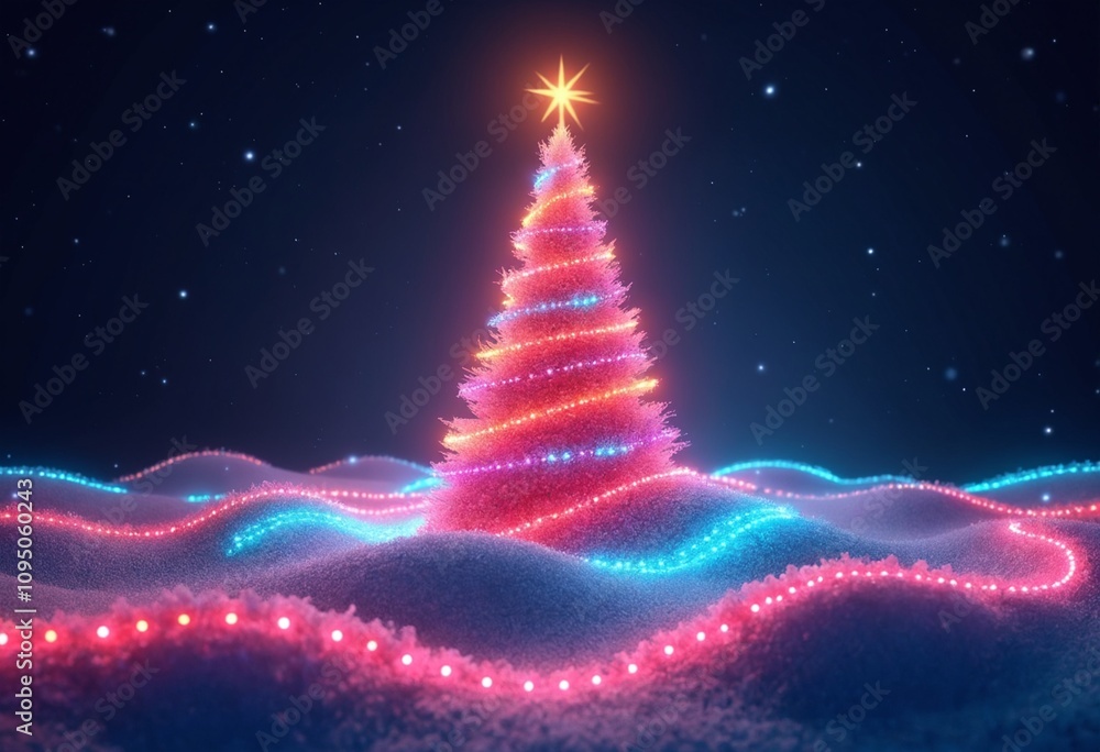 Neon Christmas tree with glowing waves, vibrant colors, digital art, modern design, festive atmosphere Neon Christmas tree with glowing waves, vibrant colors, digital art, modern design, festive atmosphere