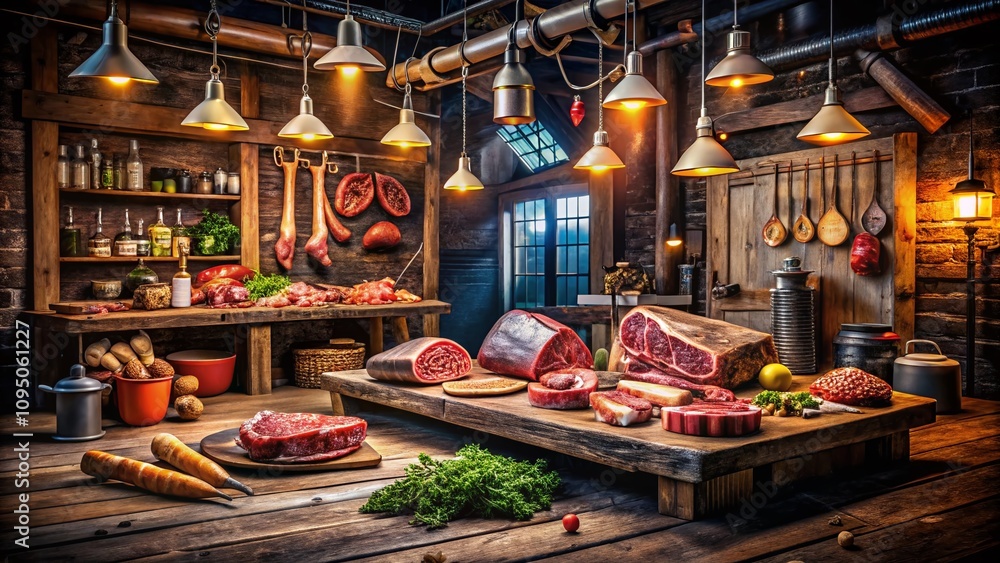Nighttime Artisan Meat Crafting: A Glimpse into the World of Butchery with Glowing Lights and Rich Textures Nighttime Artisan Meat Crafting: A Glimpse into the World of Butchery with Glowing Lights and Rich Textures