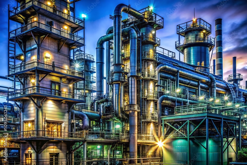 Nighttime Architectural Photography of a Chemical Plant Featuring Illuminated Structures, Pipes, and Towers Against a Dark Sky for Industrial and Urban Aesthetic Visuals Nighttime Architectural Photography of a Chemical Plant Featuring Illuminated Structures, Pipes, and Towers Against a Dark Sky for Industrial and Urban Aesthetic Visuals