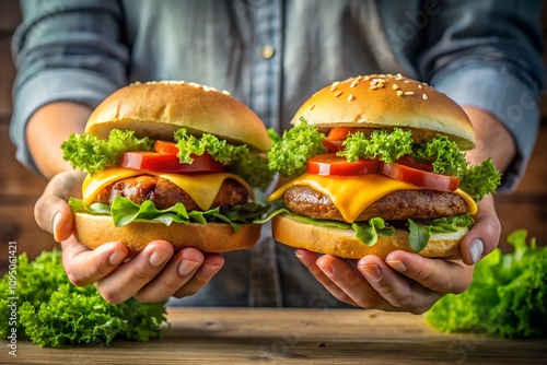 Two hands exchanging a juicy burger, one offering it with a smile, the other ready to enjoy. photo