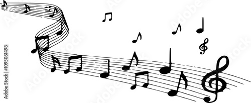 Wave of music melody notes with clef. Musical notes stave line pattern symbols icon, vector. 
