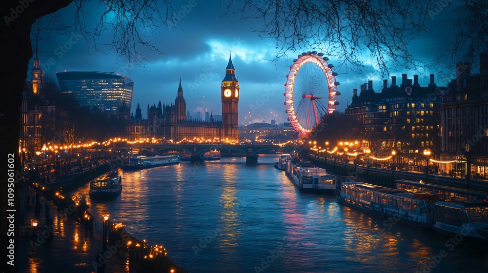 Fototapeta premium London eye, big ben and houses of parliament shining at twilight over river thames