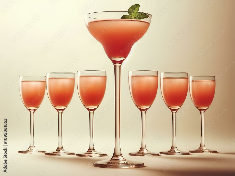 striking display of six elegant glasses filled with a refreshing pink cocktail, garnished with mint striking display of six elegant glasses filled with a refreshing pink cocktail, garnished with mint