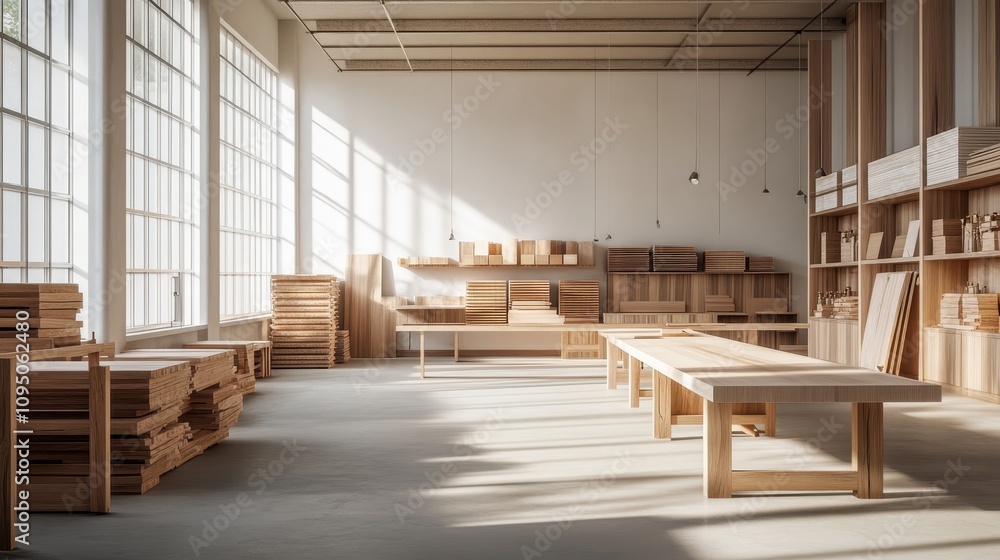 A spacious workshop filled with wooden materials and furniture for crafting or design. A spacious workshop filled with wooden materials and furniture for crafting or design.